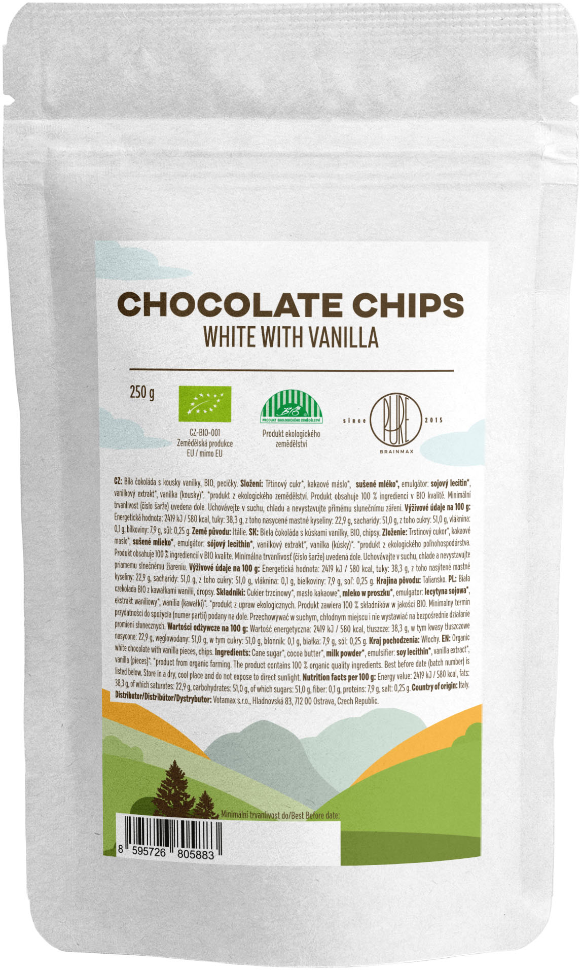 19428_brainmax-pure-white-chocolate-with-vanilla-chips-cokoladove-pecicky-z-bile-cokolady-bio-250-g BrainMax Pure White Chocolate with Vanilla Chips, čokoládové pecičky z bílé čokolády, BIO, 250 g