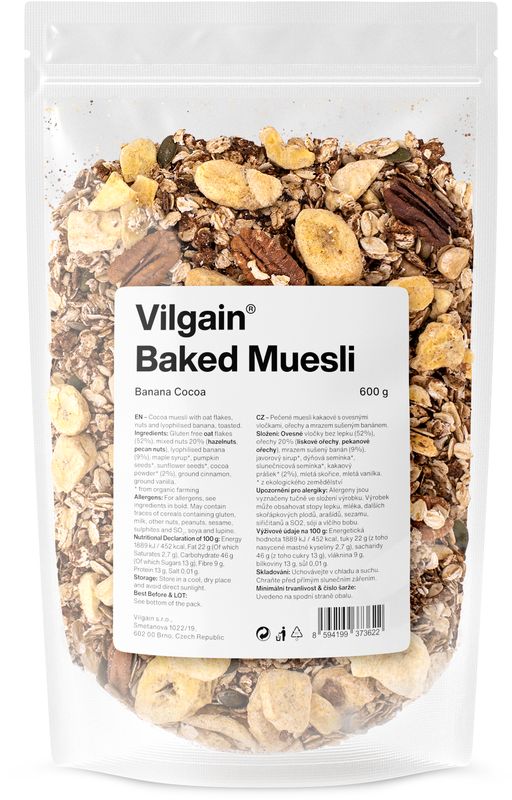 428b6b83-4672-433e-b31a-97510e6579fe Vilgain Pečené müsli – banán, kakao & skořice 600 g