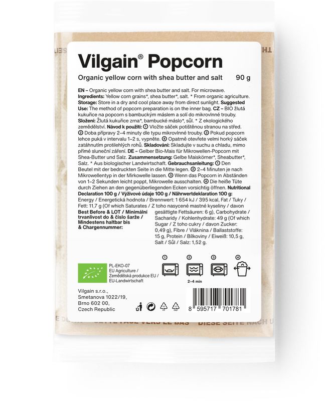 689a2810-cad3-4ce5-9a47-d6d8508e37c6 Vilgain Popcorn do mikrovlnky BIO – solený ze žluté kukuřice 90 g