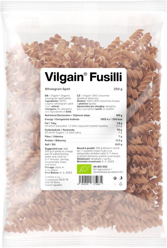 9a00b51c-efdb-4564-aca1-acee9032439e Vilgain Fusilli těstoviny BIO – špaldové 250 g