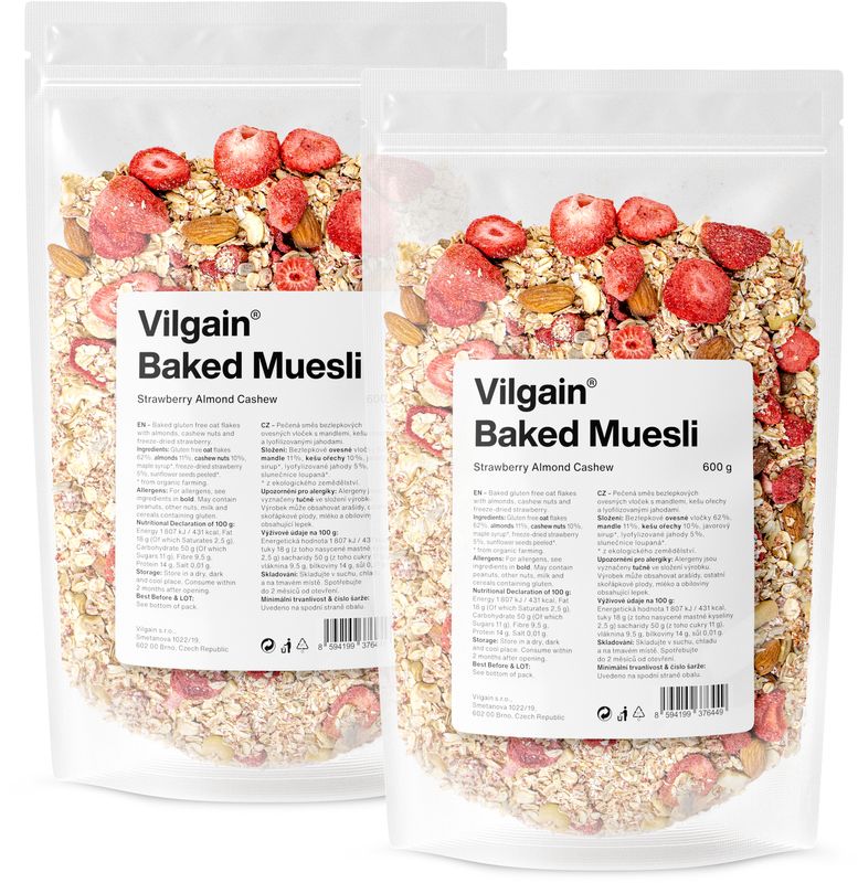 b3f9a8cd-0e8e-4251-98f8-c8118b479e3e Vilgain Pečené müsli – 2× jahody, mandle & kešu 600 g