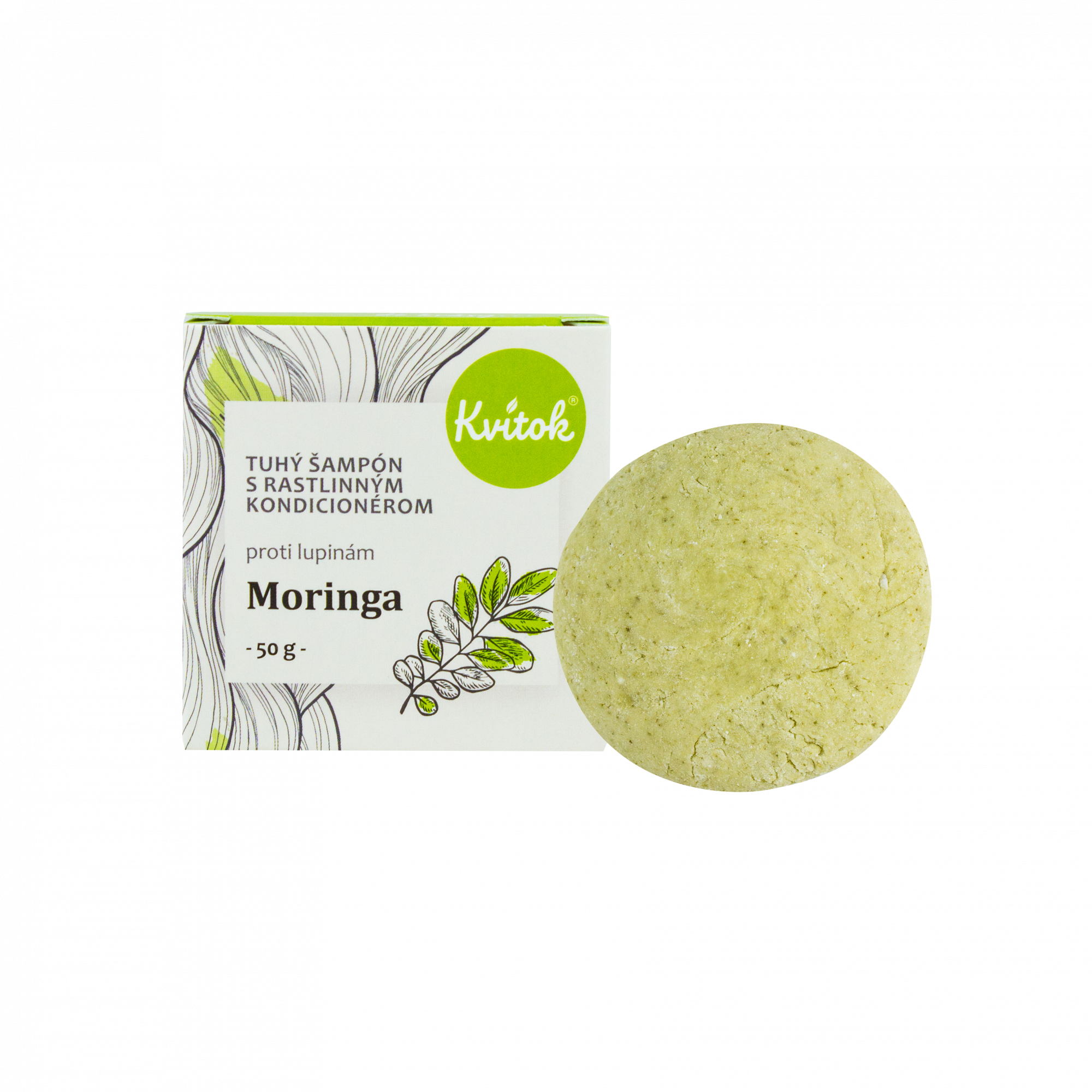 044c127e720e85add9b145e31f7ab744-Moringa-50g Kvitok Tuhý šampon s kondicionérem proti lupům Moringa - 50 g - lesklé vlasy bez lupů