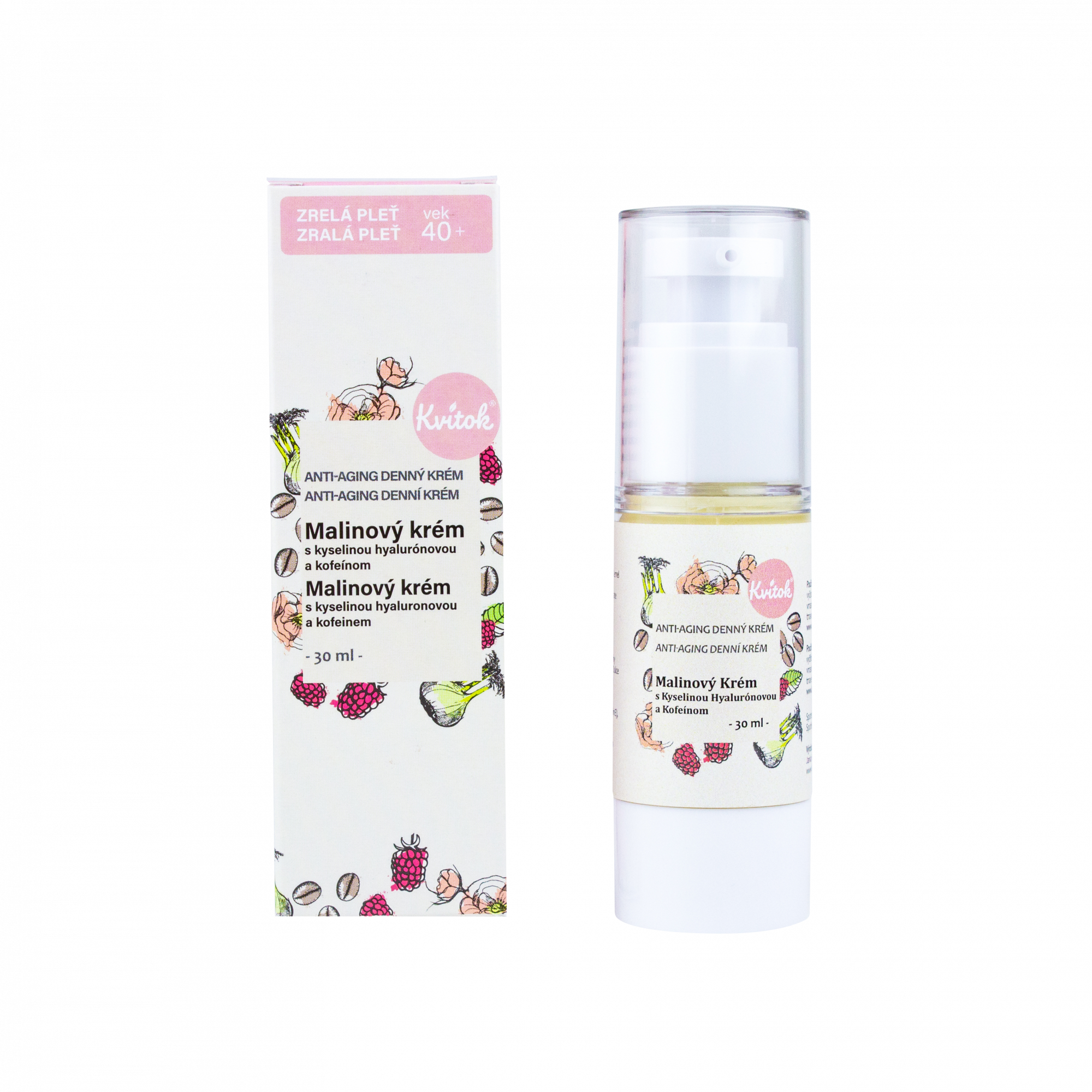 28ec83061cdf6adcde8e484ae3b14fc1-Malinovy-krem-denny Kvitok Denní malinový krém pro zralou pleť 40+ (30 ml) - s vitaminem e a kofeinem