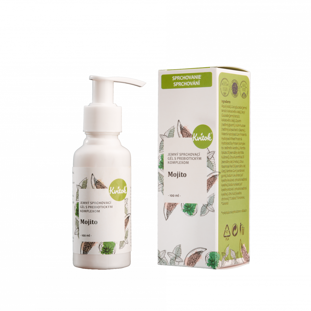 44ed8375cf173a8450e0e4da78a09154-D-1 Kvitok Jemný sprchový gel s prebiotickým komplexem Mojito (100 ml) - se svěží vůní máty a limetky