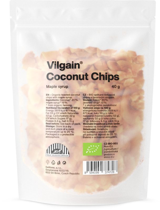 489b06d5-bd33-4a61-b7c8-0a7cb700127a Vilgain Kokosové chipsy BIO – javorový sirup 40 g