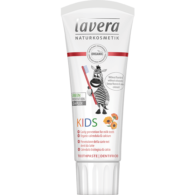 5f08ee7750fb69a09c136364bf0efb74-pro-deti Lavera Dětská zubní pasta s měsíčkem (75 ml) - s ovocnou chutí, bez fluoridu