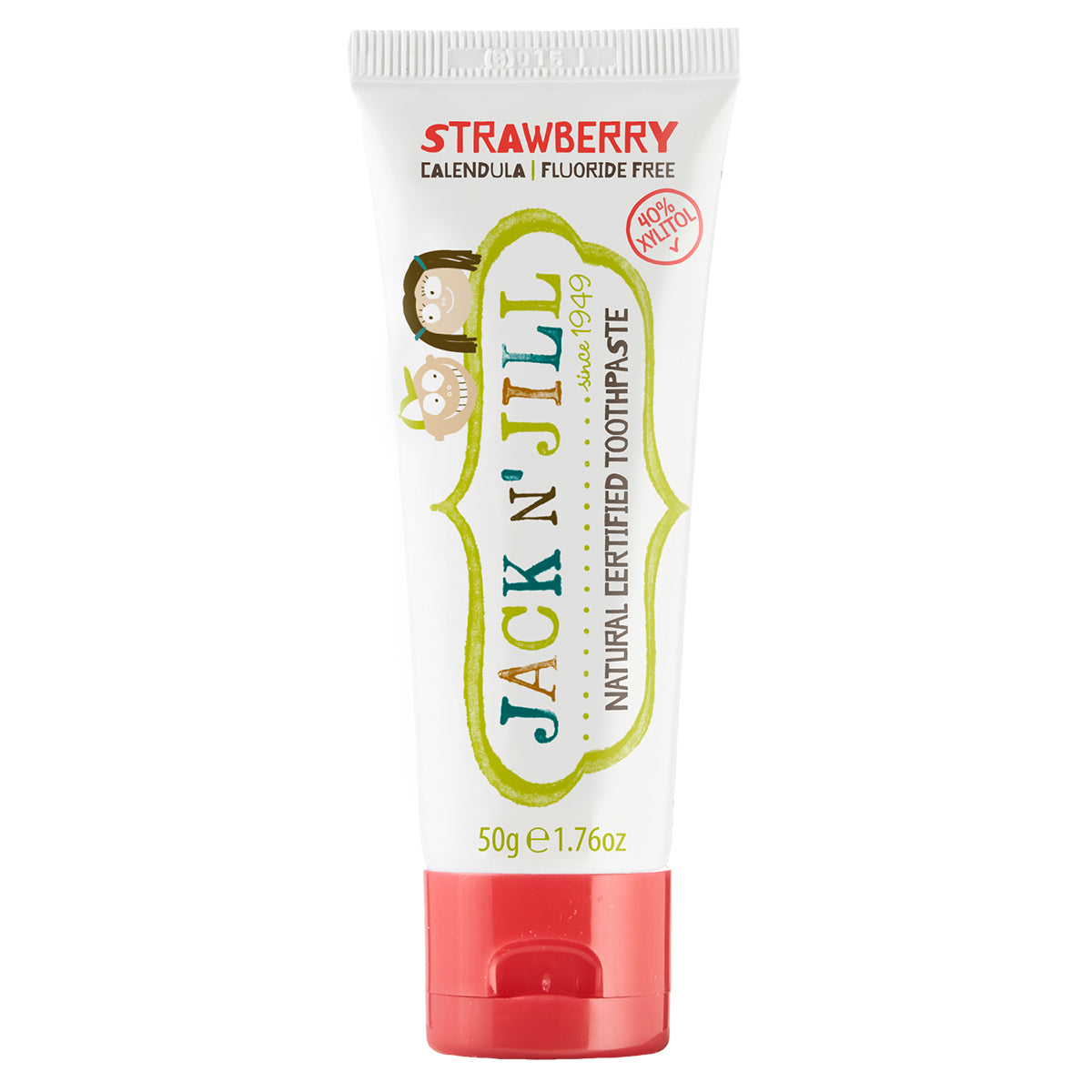 Jn-J-1200x1200-0017-Strawberry-mockup-Ecocert-2021-Strawberry-FRONT Jack n' Jill Dětská zubní pasta - jahoda (50 g) - bez fluoridu, s bio extraktem z měsíčku