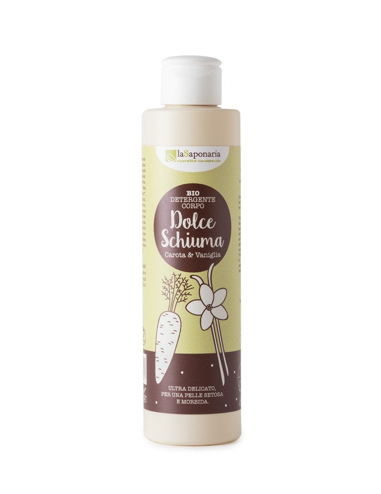 d61ff5cee941e1e70b61982ee46ecae0-bio-detergente-corpo-vaniglia-carota laSaponaria Jemný čisticí sprchový gel s mrkví a vanilkou BIO (200 ml)