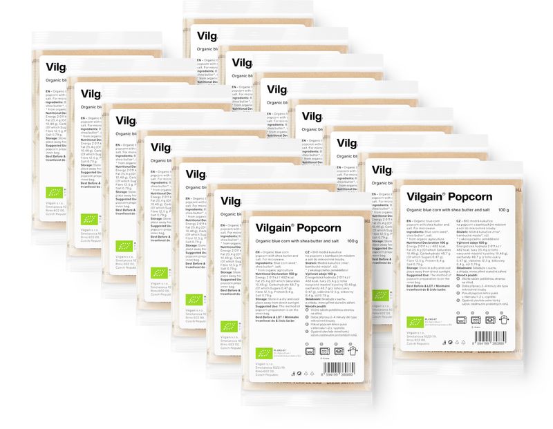 e8731934-d2b5-467e-8ac9-a6d97e4b767a Vilgain Popcorn do mikrovlnky BIO – 14× solený z modré kukuřice 100 g