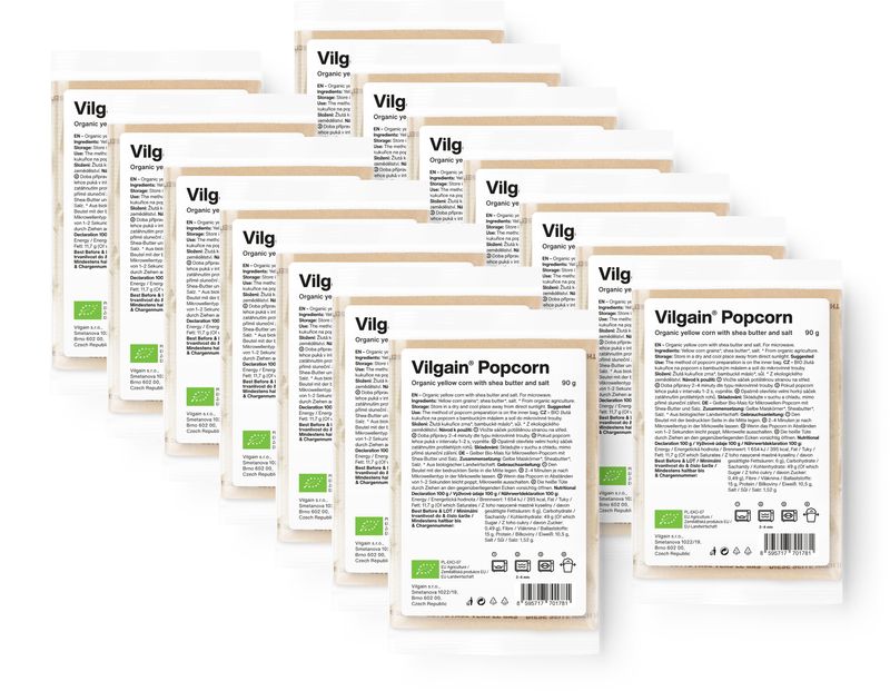 f361aad0-940a-4521-a2b8-7cf20873ee26 Vilgain Popcorn do mikrovlnky BIO – 14× solený ze žluté kukuřice 90 g