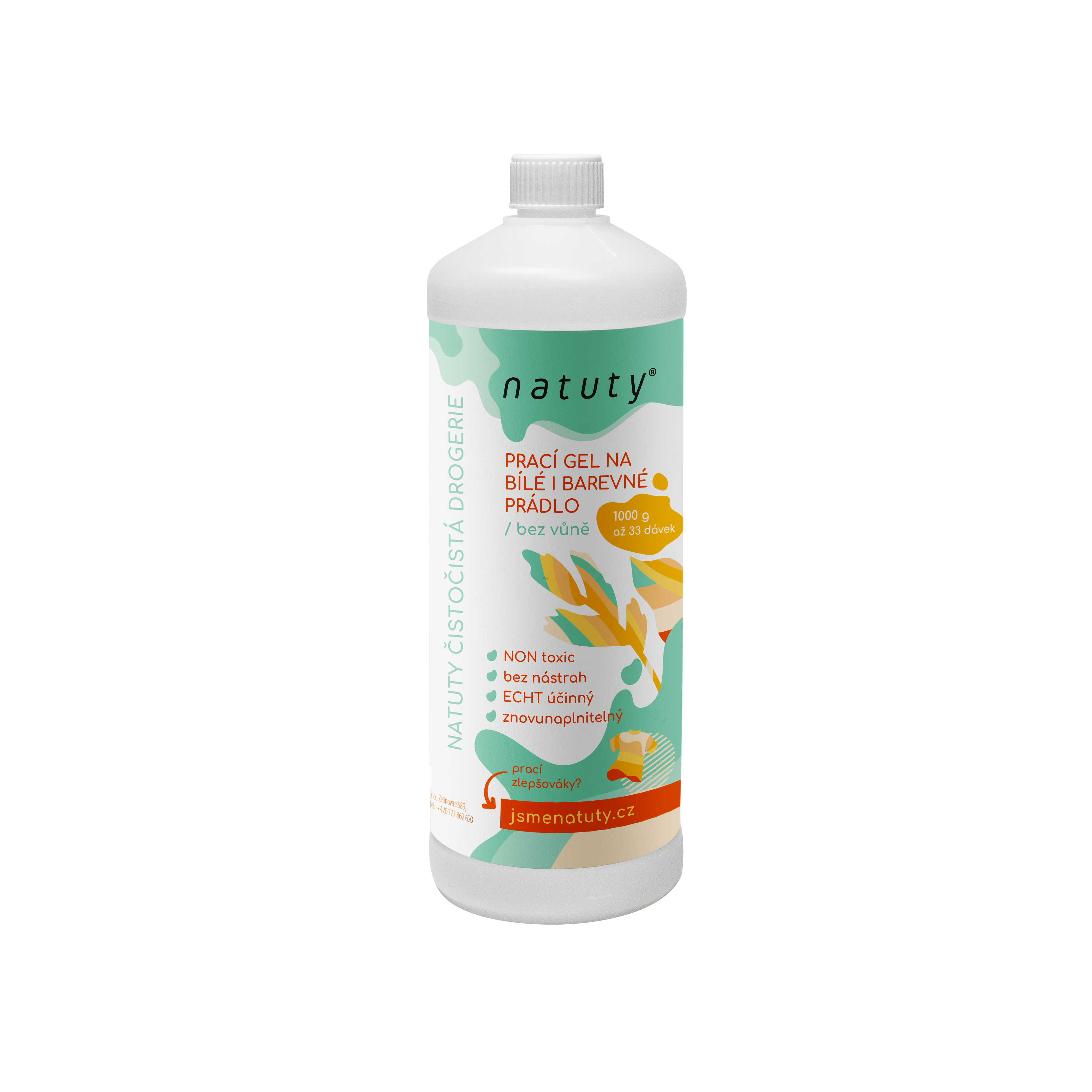 8594220930947_Natuty_Pracigelnabileibarevnepradlobezvune Natuty Prací gel na bílé i barevné prádlo bez vůně (1 l) - 33 pracích dávek v 1 litru