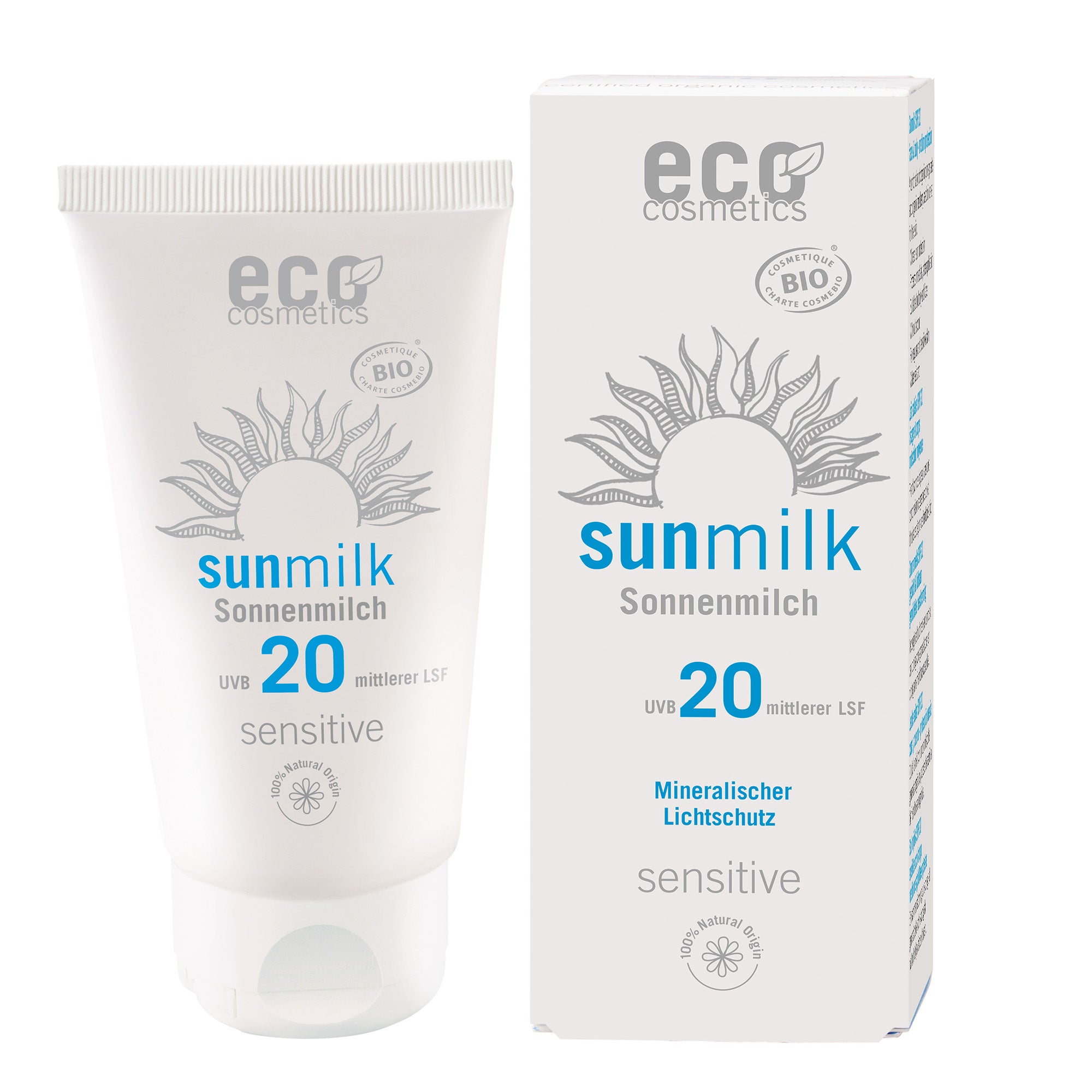 SunMILK20Sensitive_2022_2000x2000_e0dde1fe-37a3-44e0-894e-d94e6a5f28c0 Eco Cosmetics Opalovací mléko SPF 20 Sensitive BIO (75 ml) - s přírodními minerálními filtry