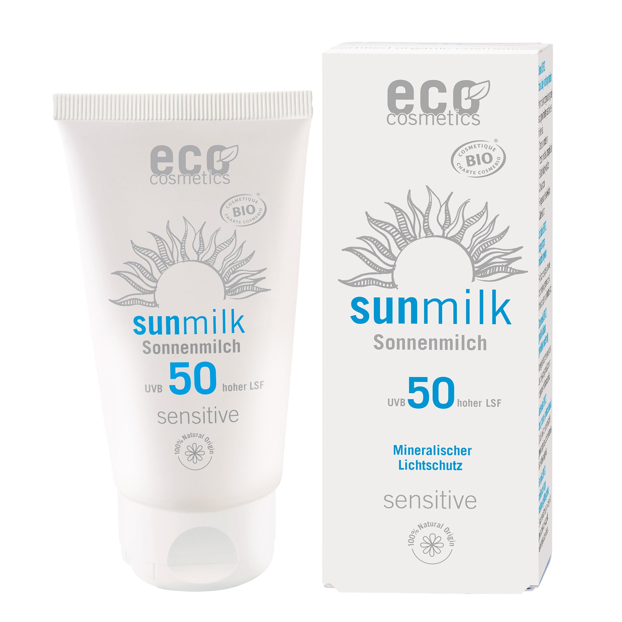 SunMILK50Sensitiv_2022_2000x2000_1 Eco Cosmetics Opalovací mléko SPF 50 Sensitive BIO (75 ml) - s přírodními minerálními filtry