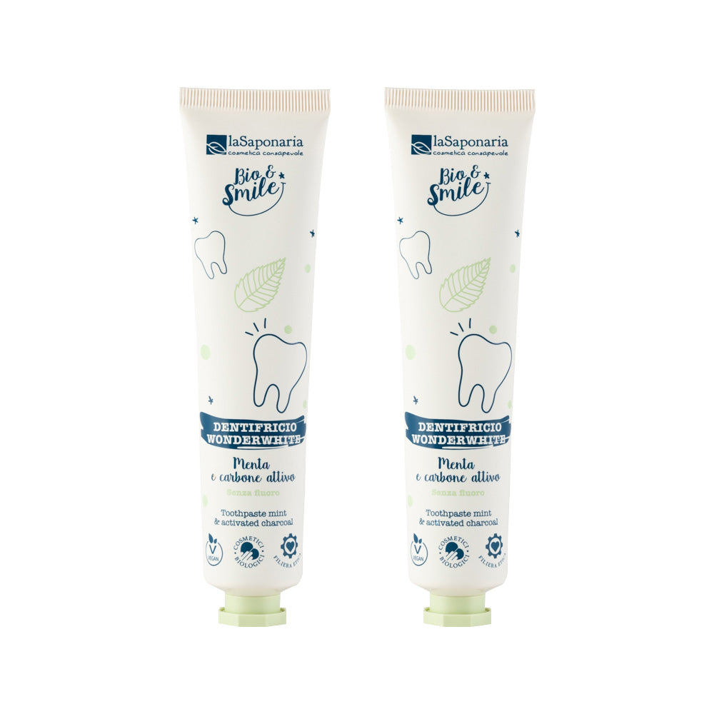 1000x1000px_lasaponaria_bundle laSaponaria Sada 2x Bělicí zubní pasta WonderWhite - máta a aktivní uhlí BIO (2 x 75 ml) - vybělí chrup přírodní cestou