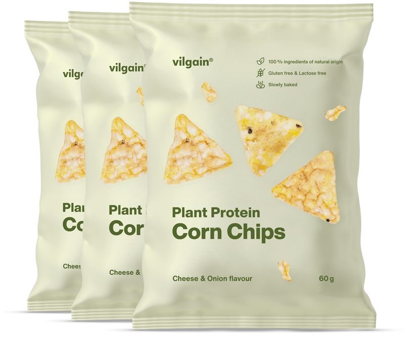 3c0a4f50-a589-4a13-833d-be095e324c9b Vilgain Kukuřičné proteinové chipsy BIO – 3× Cibule se sýrem 60 g