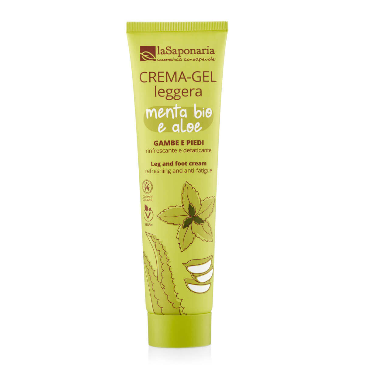 Crema-gel-biologica-gambe-piedi-leggera-aloe-bio-menta laSaponaria Zklidňující krém pro unavené nohy BIO (150 ml)