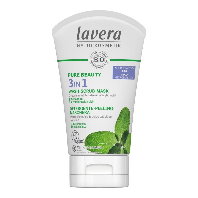 Lavera_cisticigelpeelingmaska_3v1 Lavera Pure Beauty Čisticí gel, peeling a maska 3v1 BIO (125 ml) - pro smíšenou a aknózní pleť