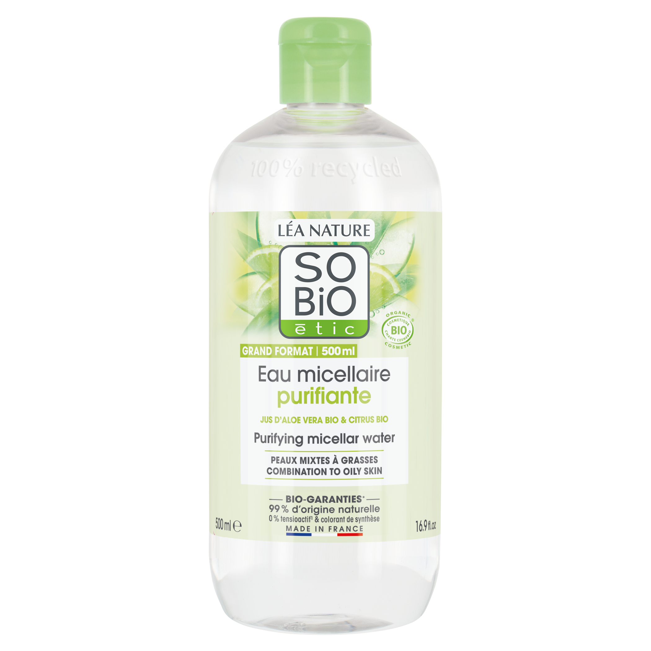 3517360011166SB_20EAU_20MIC_20HYDRA_20ALOE_20COE500ML_FACING SO’BiO étic Voda micelární Aloe Vera čisticí - zinek a citrusy BIO (500 ml) - ideální pro smíšenou až mastnou pleť