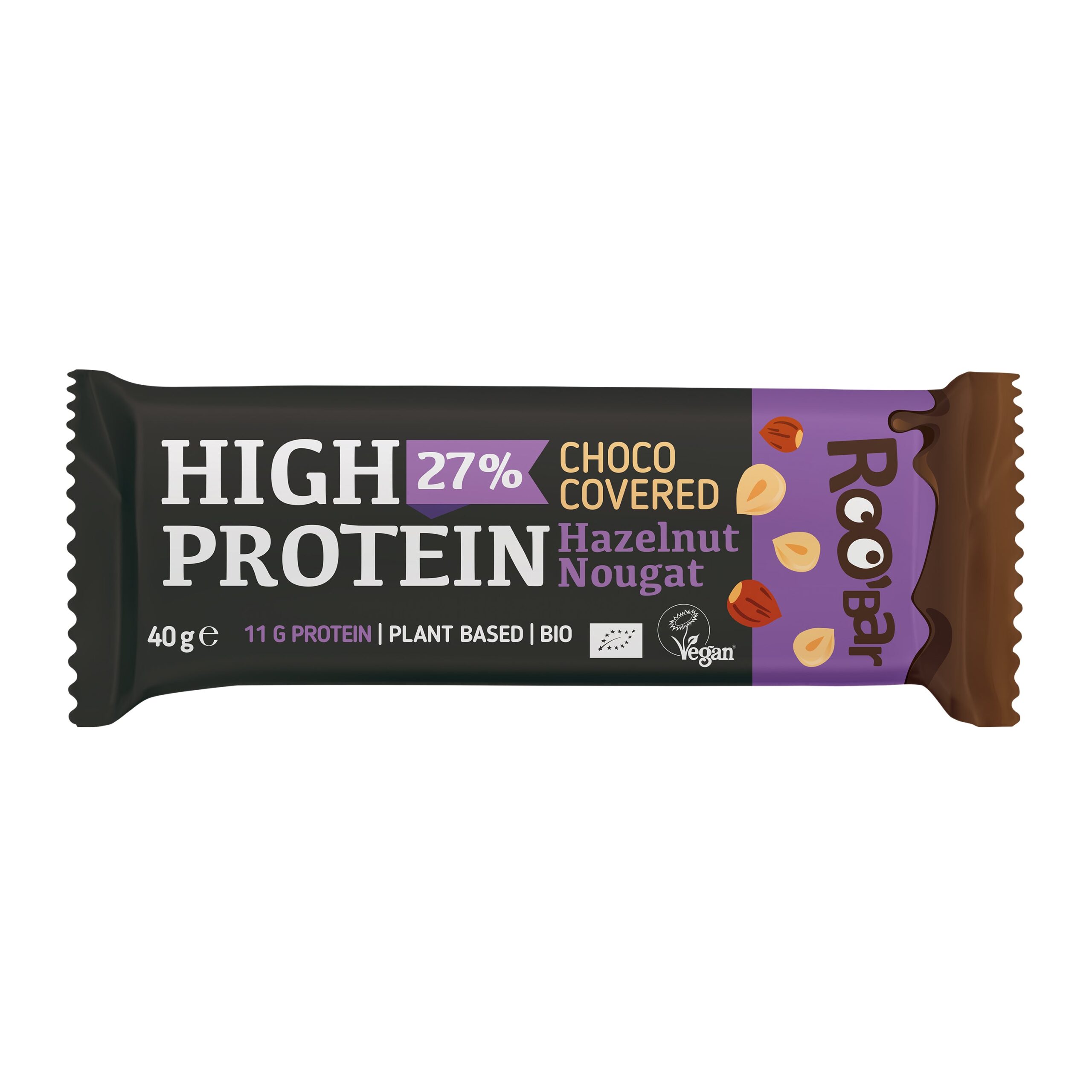 Tyčinka proteinová s nugátem z lískových ořechů v čokoládě veganská 40 g BIO ROO´BAR