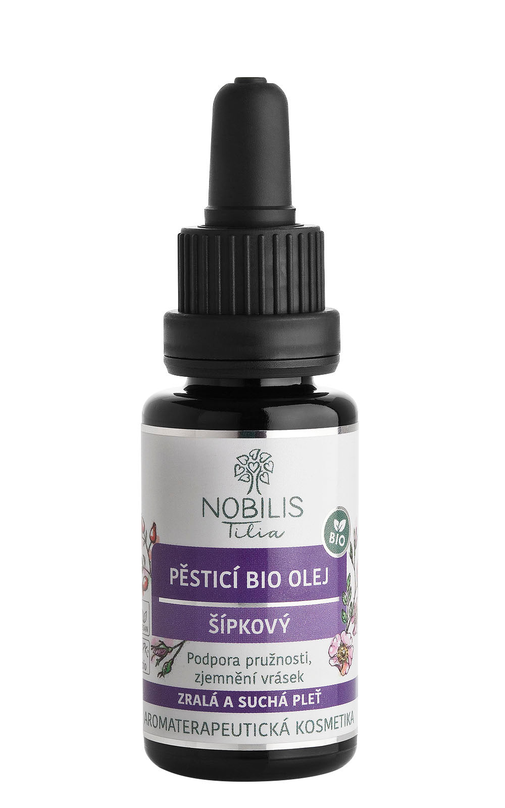 R1095C_PesticiBIOolejsipkovy20mlfialovesklo_8596654002412 Nobilis Tilia Pěsticí šípkový olej BIO (20 ml) - vyživuje pleť v každém věku