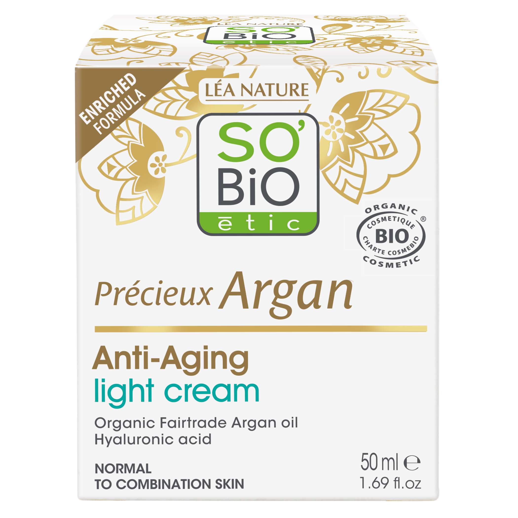 SB_20CREME_20LEGERE_20AA_20COE_2050MLPRECIEUX_20ARGAN1339425ANGLE_CENTRE7 SO’BiO étic Anti-age Precieux Argan Krém denní lehký pro normální až smíšenou pleť BIO (50 ml) - hydratuje a zpevňuje pleť