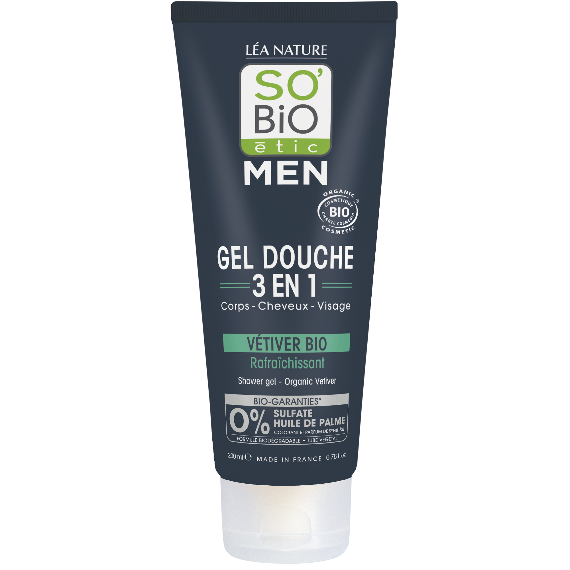SB_20MEN_203EN1_20VETIVER_20200MLMEN_20DOUCHES1341838ANGLE_CENTRE1 SO’BiO étic Gel sprchový MEN 3v1 - osvěžující vetiver BIO (200 ml) - na tělo, obličej i vlasy
