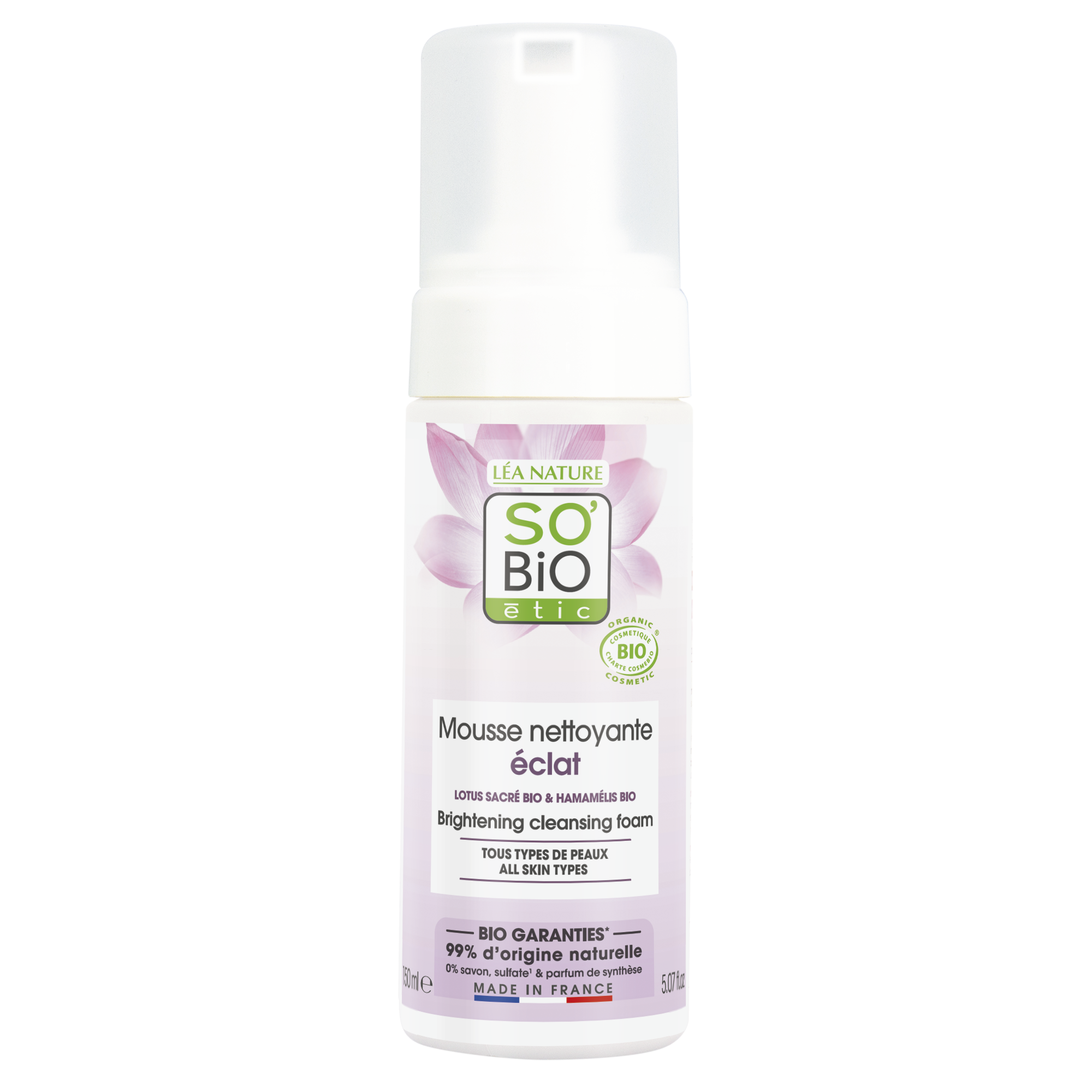 SB_20MOUSSE_20NETTOYANTE_20150MLTOILETTE1335550ANGLE_CENTRE1 SO’BiO étic Pěna čisticí pro dokonalou pleť BIO (150 ml) - s extraktem z květu lotosu